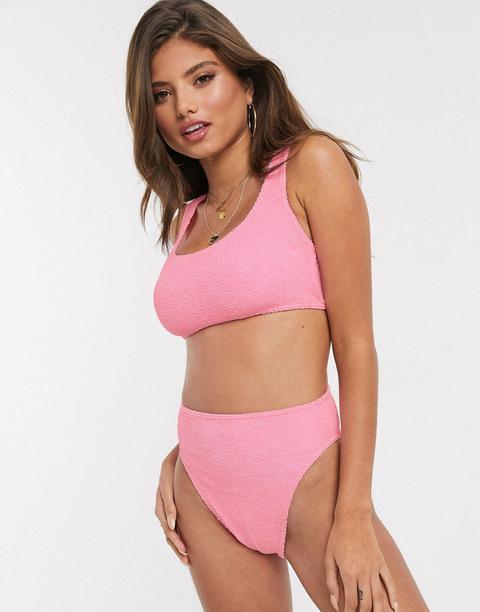 Asos Design Fuller Bust Mix And Match Crinkle Crop Bikini Top In Dolly Pink Dd-f