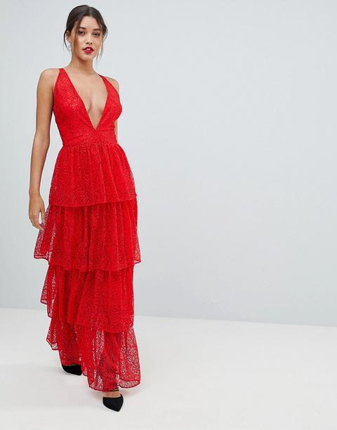 Missguided - Vestito Lungo In Pizzo A Balze - Rosso