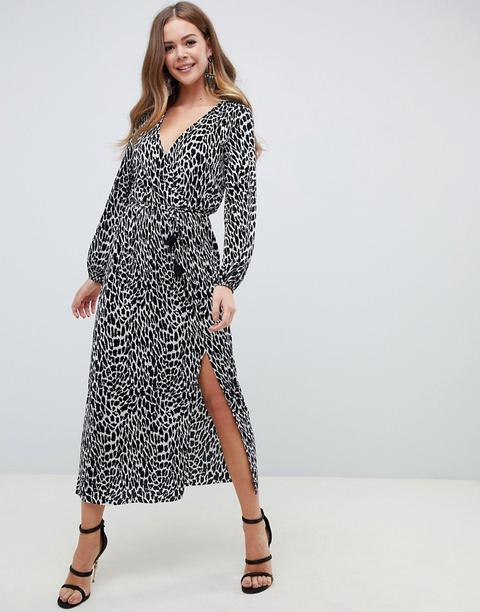 Asos Design - Vestito Lungo A Portafoglio Plissettato Con Stampa Animalier Monocromatica E Cintura - Multicolore