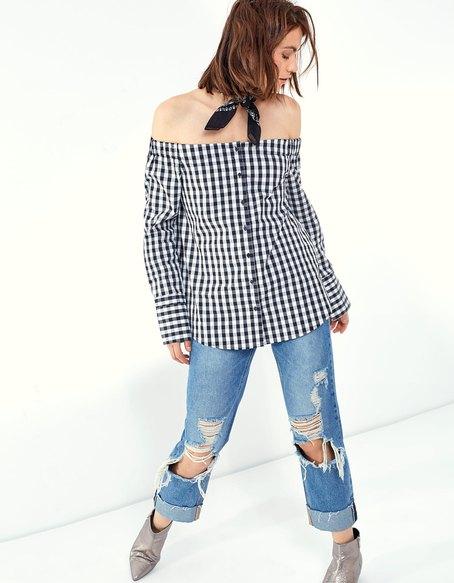 Camicia Righe Spalle Scoperte Nero