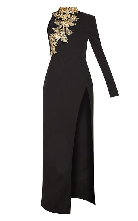 black high neck asymmetric embroidered trim maxi dress