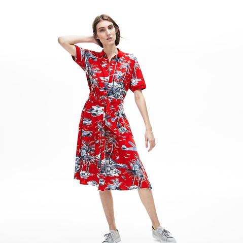 Women's Polo Shirt Collar Hawaiian Print Cotton Piqué Belted Dress