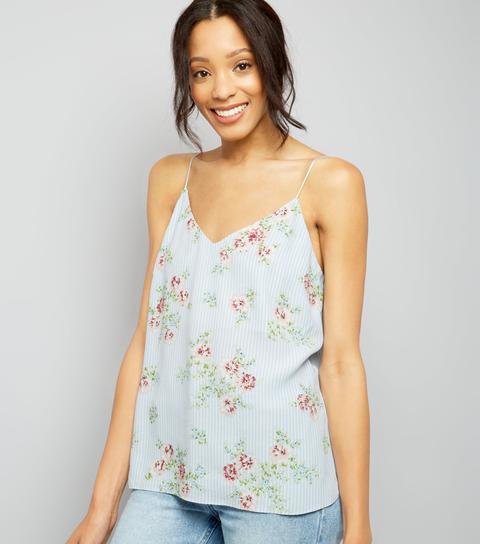 Pale Blue Stripe Floral Print V Neck Cami Top
