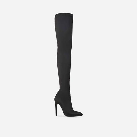 Alabama Pointed Toe Over The Knee Thigh High Long Sock Boot In Black Lycra, Black