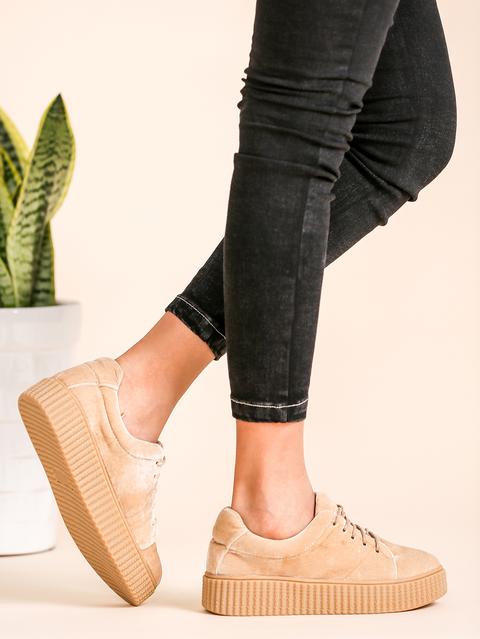 Apricot Faux Suede Lace Up Rubber Sole Low Top Sneakers