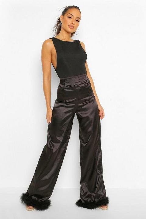 Pantalon Satin Large À Plumes - Noir - 38, Noir