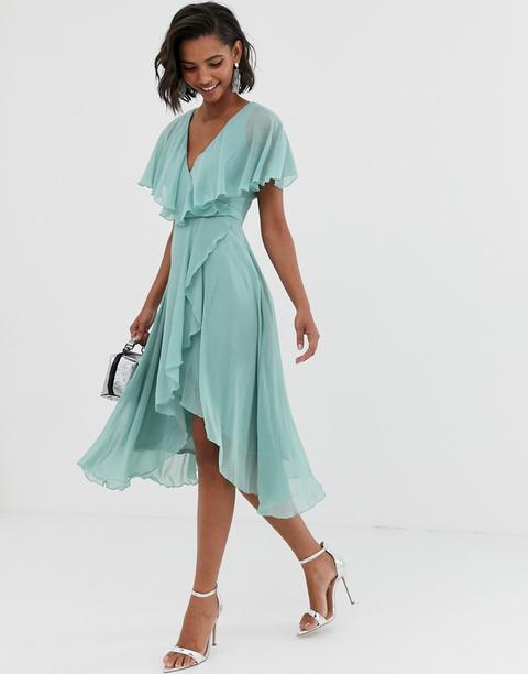 Vestido Midi Con Bajo Asimétrico Y Capa En La Parte Posterior De Asos Design-verde