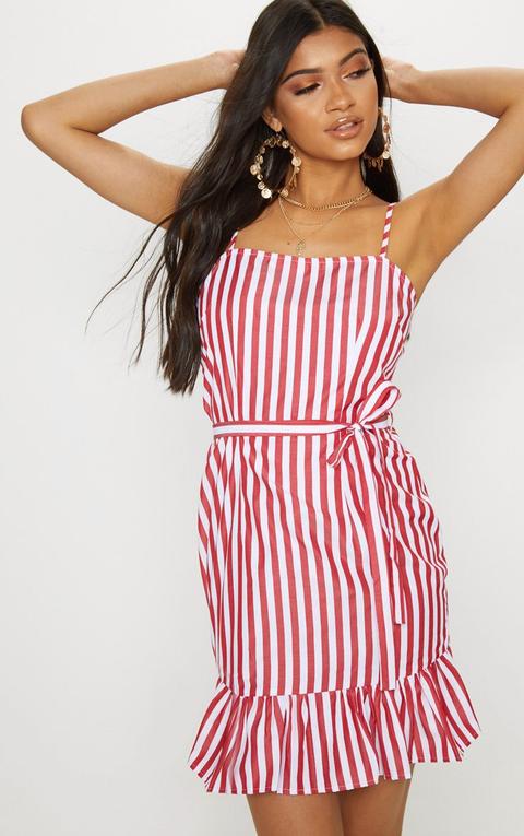 Red Stripe Print Frill Hem Strappy Bodycon Dress