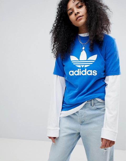 Camiseta Extragrande Azul Con Logo De Trébol Adicolor De Adidas Originals
