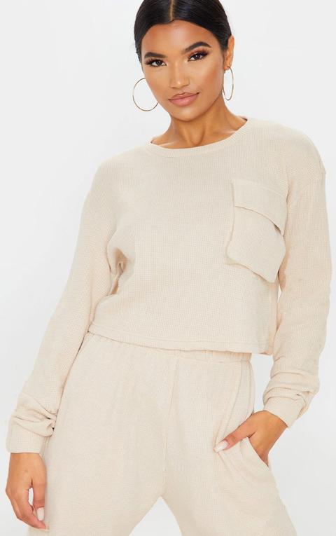 Cream Long Sleeve Pocket Detail Waffle Knit Crop Top