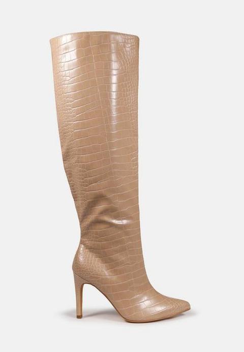 Sand Croc Over The Knee Mid Heel Boots, Camel