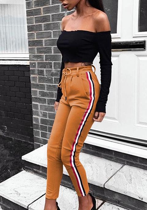 Khaki Striped Drawstring Pockets Casual Long Pants