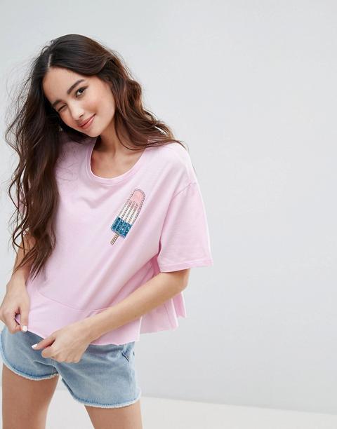 Pull&bear - T-shirt Brillantinata Con Gelato - Rosa