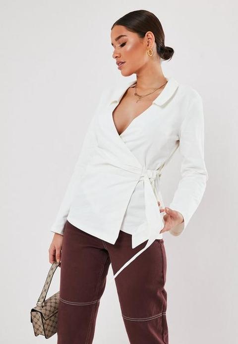 White Cotton Wrap Front Shirt, White