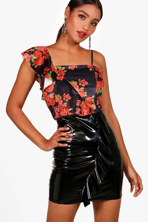 Printed Velvet Ruffle Crop