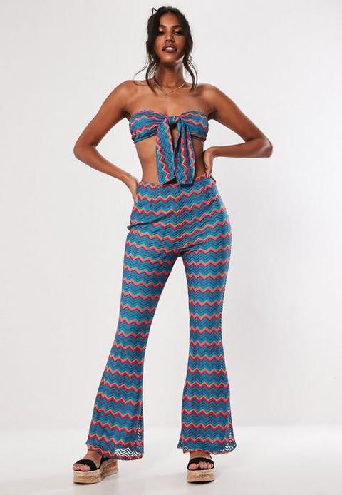 Blue Multi Chevron Crochet Flare Co Ord Trousers, Multi