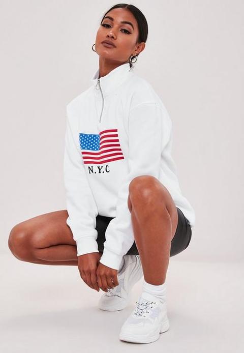 White Nyc American Flag Zip Sweatshirt, White