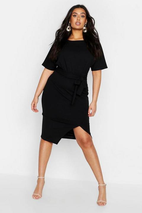 Vestido Midi Con Nudo En La Cintura Y Cuello Oblicuo Plus, Negro