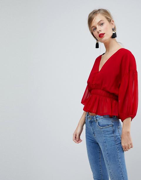 Asos Design - Blusa Con Vita Trasparente E Maniche Stile Poeta - Rosso