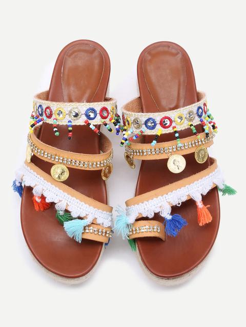 Albaricoque Open Toe Coin Fringe Trim Flatform Sandalias