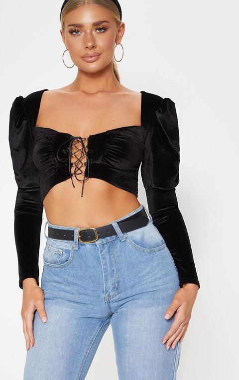 Black Velvet Hook And Eye Crop Top, Black