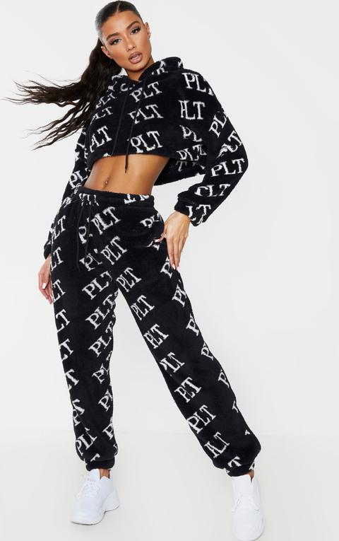 Prettylittlething Black Slogan Printed Borg Joggers