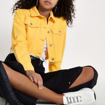 Yellow Raw Hem Cropped Denim Jacket