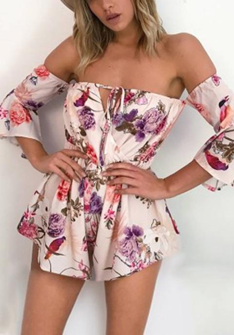Pantaloncini Tuta Fiori Stampare Increspatura Coulisse Fuori Spalla Rosa