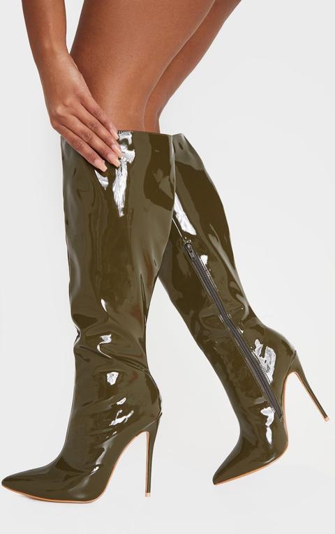 Khaki Point Toe Stiletto Knee High Boot