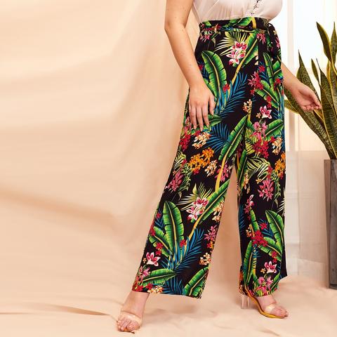 Plus Floral And Palm Tree Print Wide Leg Pants