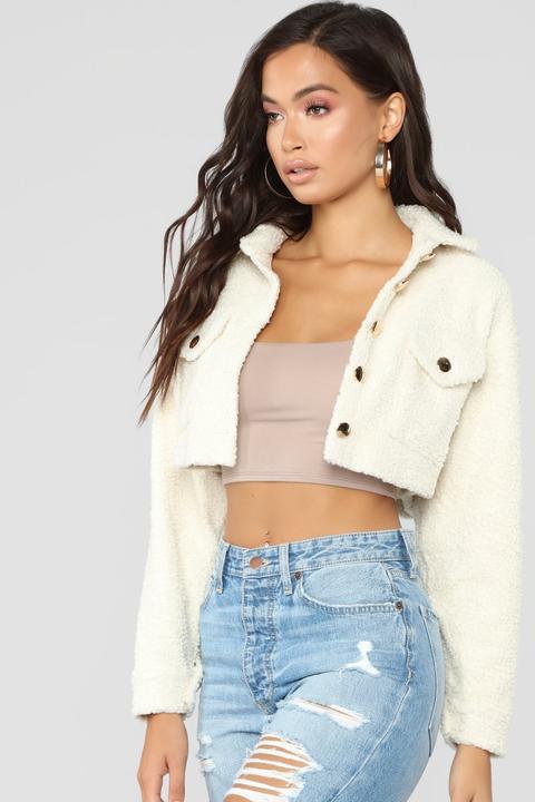 Fuzzy Love Button Crop Jacket - Ivory