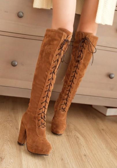 Yellow Round Toe Chunky Lace-up Fashion Over-the-knee Boots