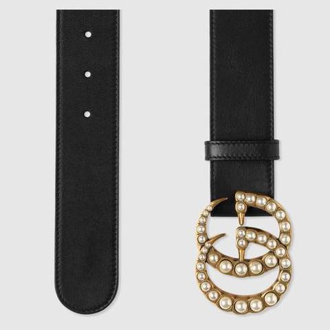 Leather Belt With Pearl Double G