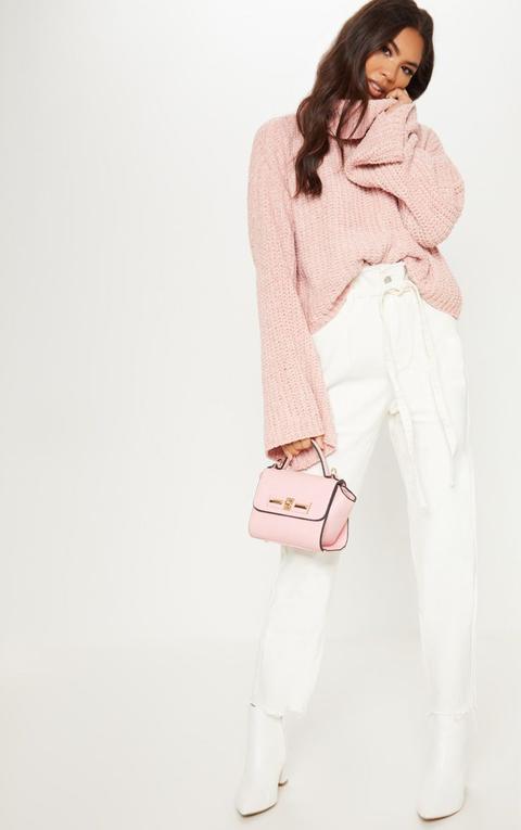 Pink Chenille Cropped High Neck Knitted Jumper