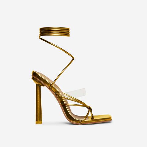 Growing Lace Up Perspex Strappy Square Toe Stiletto Heel In Gold Metallic Faux Leather, Gold