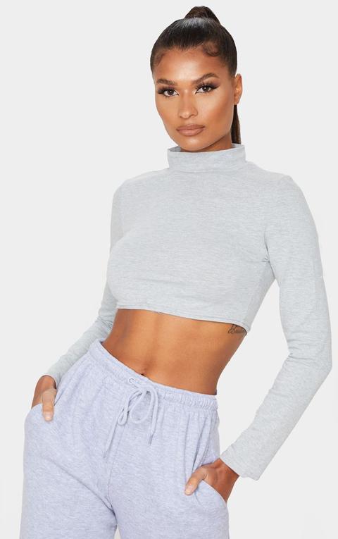 Grey Marl High Neck Long Sleeve Crop Top