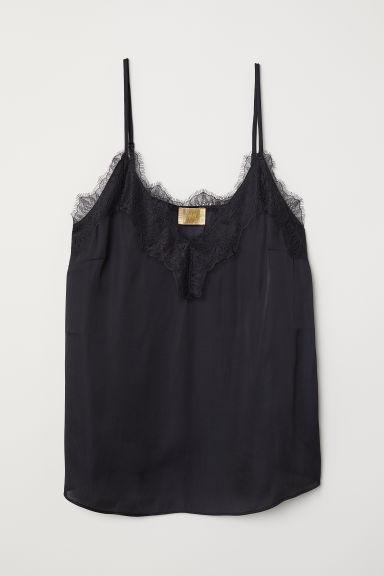 H & M - Top In Satin Con Pizzo - Nero