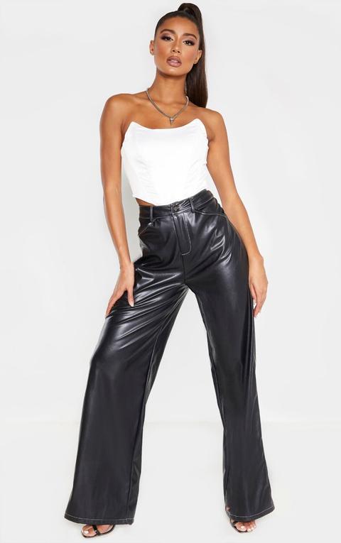 Black Faux Leather Contrast Stitch Wide Leg Trouser