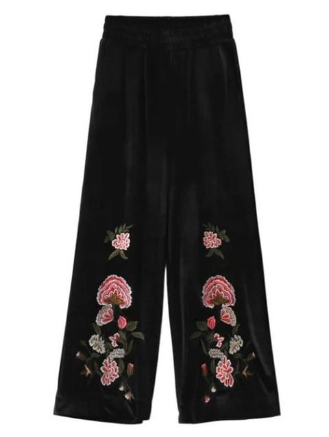 Retro Floral Embroidered Velvet Culotte Pants