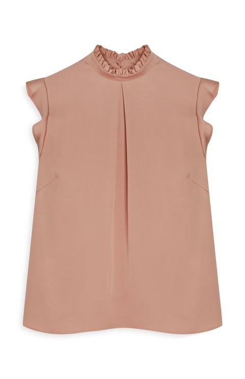 Blusa De Satén Rosa Palo Cuello Fruncido