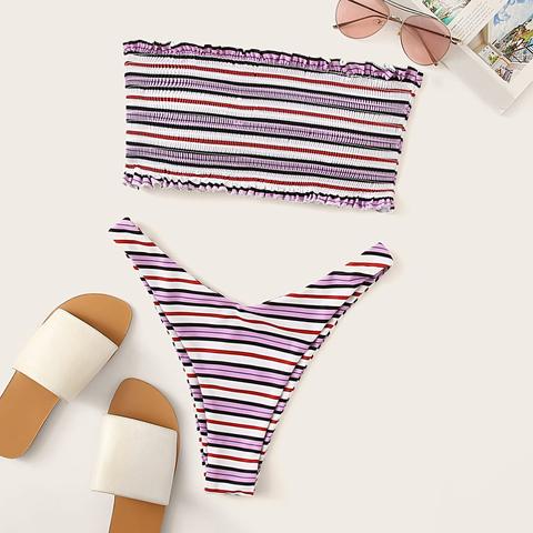 Set De Bikini Bandeau Smocked De Rayas Cortado Alto