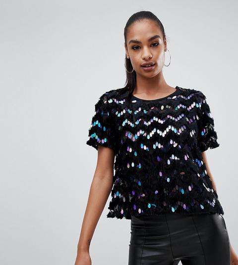 Prettylittlething - Top Nero Con Motivo A Zig-zag Con Paillettes - Multicolore