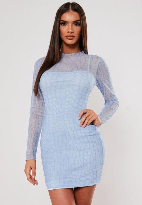 Sxf X Missguided Blue Croc Print Mesh Mini Dress, Blue