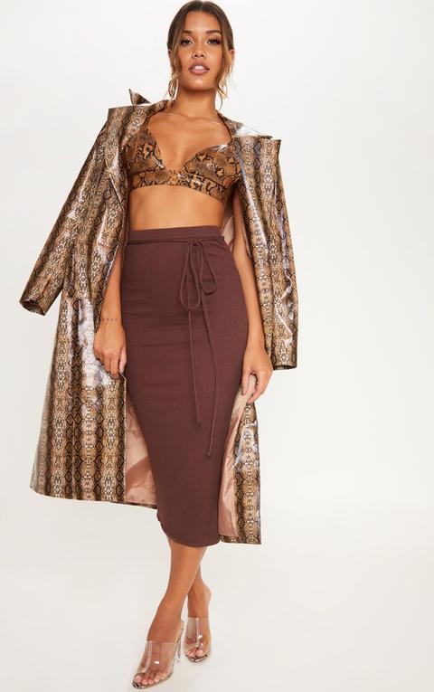 Chocolate Tie Detail Ribbed Midi Skirt