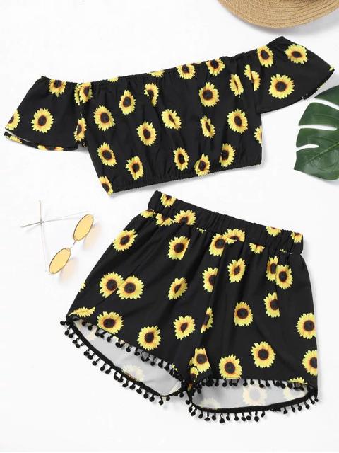 Pantalones Cortos De Girasol Y Top Corto Pompoms Black