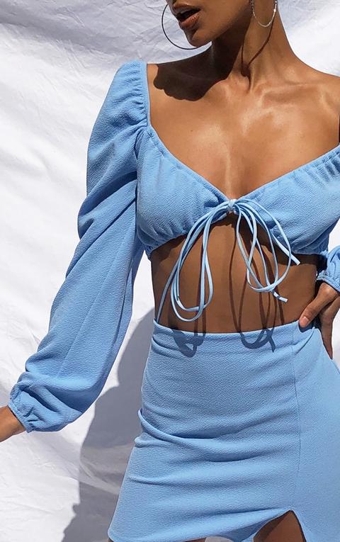 Light Blue Crepe Cup Tie Front Balloon Sleeve Crop Top