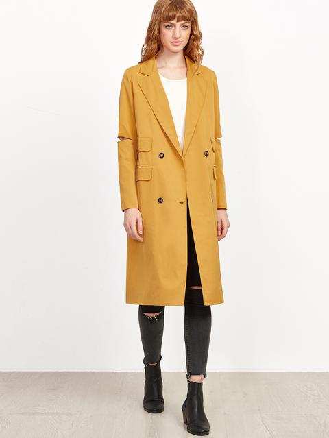 Yellow Double Breasted Pocket Trench Coat With Elbow Slit