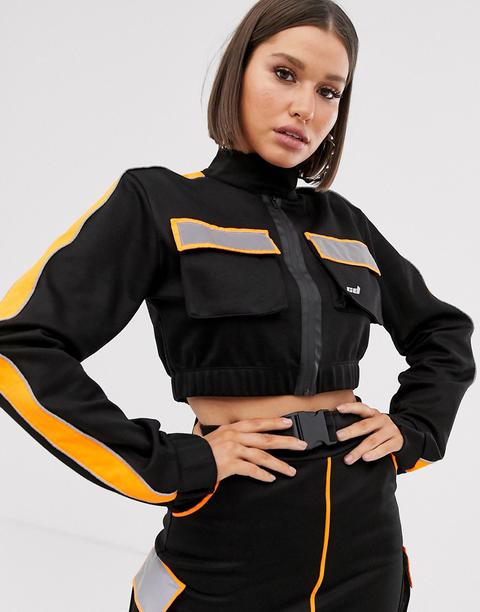 Criminal Damage Cropped Jacket With Reflective Panels Co-ord-black