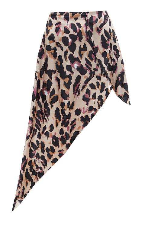 Leopard Print Satin Asymmetric Skirt