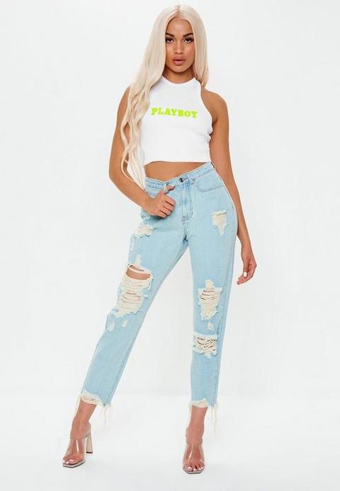 Playboy X Missguided White Neon Slogan Racer Crop Top, White